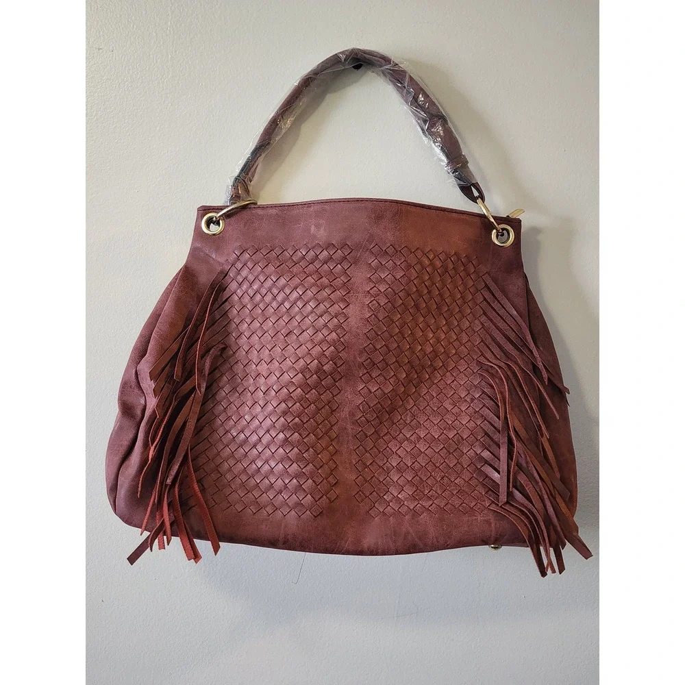 Mellow World NWOT Amethyst Faux Leather Woven Fringe Hobo Bag Burgundy Boho